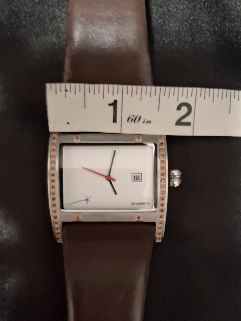 Manoel Bernardes Rectangular Watch - 48 Garnets - Reddish Brown Leather Strap